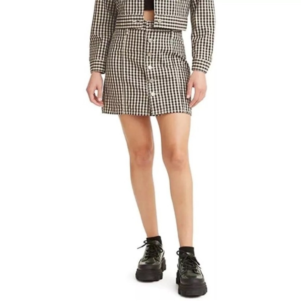 NWT Levi's Aline Front Silver Button Black White Gingham Plaid Mini Skirt SZ 28
